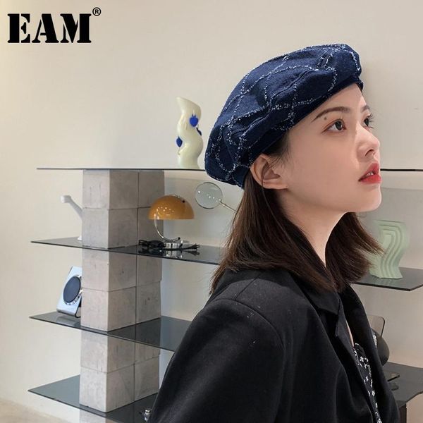 

berets [eam] women dark blue dneim plaid hat round dome temperament fashion tide all-match spring autumn 2021 1dd8402, Blue;gray