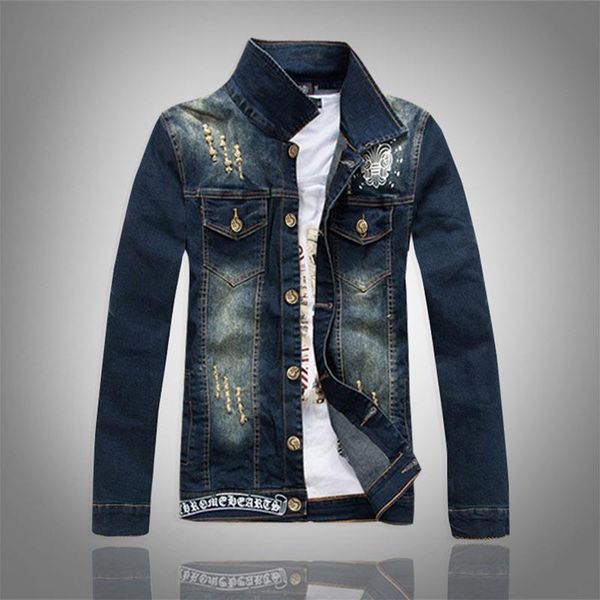 

men's jackets large size denim jacket slim-fit washing motorcycle hole embroidered for men, Black;brown