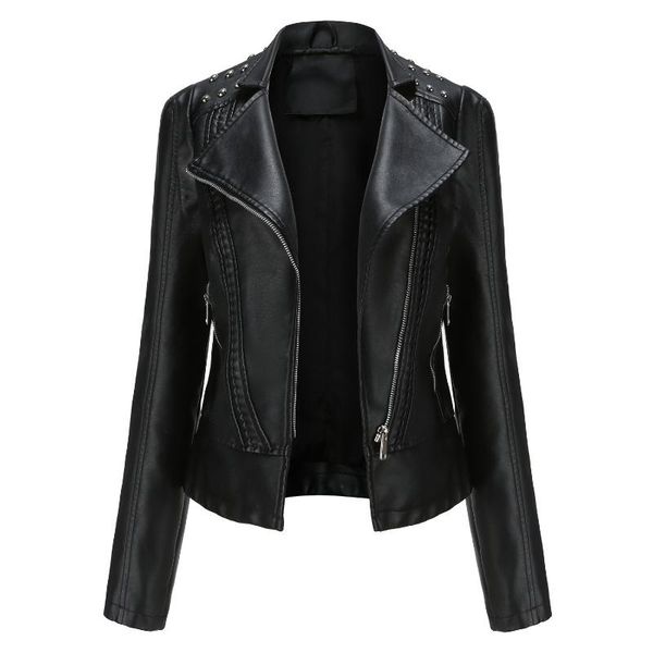 

women's jackets fashionable black rivet pu leather coat clothes ladies' casual jacket lapel zipper short for women surcoat, Black;brown
