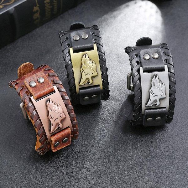 

charm bracelets trendy wide leather bracelet nordic viking giant wolf men's punk woven accessories party jewelry gift, Golden;silver