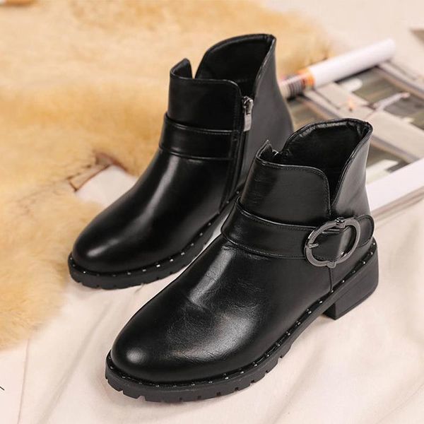

boots women shoes low heels buckle ankle autumn pu leather shallow ladies short fashion female footwear casual shoes1 wc2x, Black
