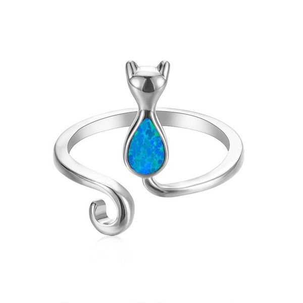 

wedding rings cute small cat opening ring white blue opal animal for women jewelry vintage fashion rose gold silver color, Slivery;golden