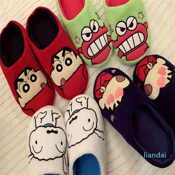 

japanese cute cartoon crayon xiaoxin home non slip wood floor warm plush slippers indoor couple male and female style, Black