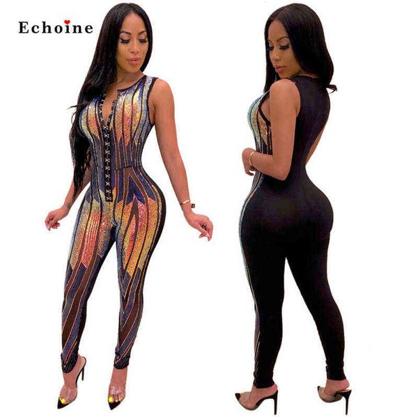 Frauen Sexy Bodycon Pailletten Overall Charme Playsuits Schnalle Mesh Patchwork Lange Bleistift Hosen Streetwear Strampler Nachtclub Outwear 211116