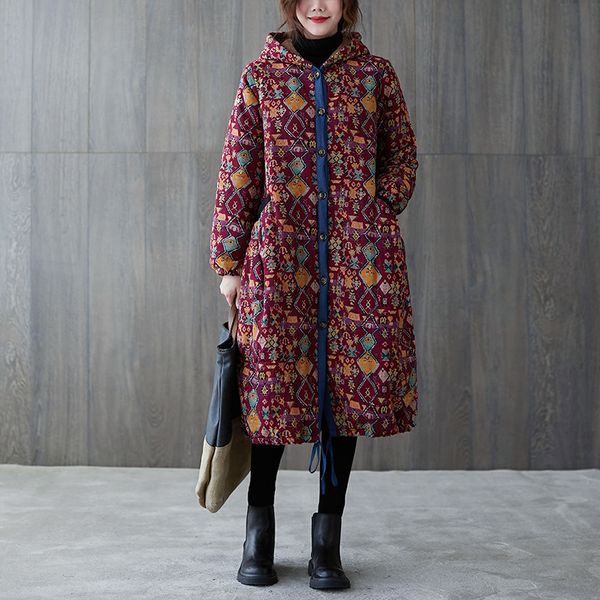 

johnature women vintage cotton linen parkas print floral hooded coats winter fleece button women chinese style parkas 210521, Black