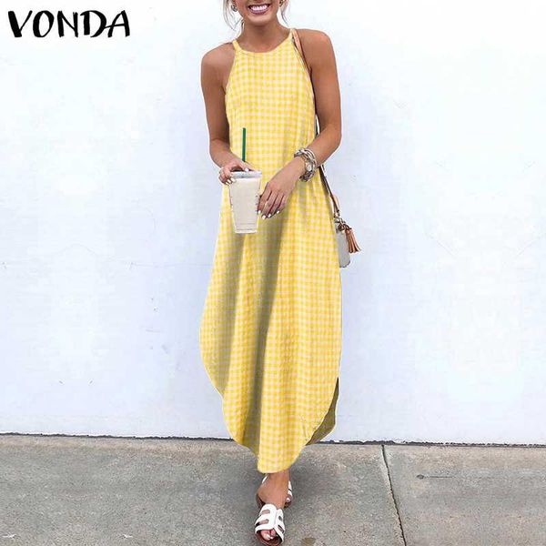 

casual dresses summer dress 2021 vonda women sleeveless irregular hem plaid long holiday beach sundress loose party vestidos 5xl, Black;gray