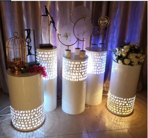 

party decoration round light 5pcs risers white iron led cylinder plinth display pedestal wedding