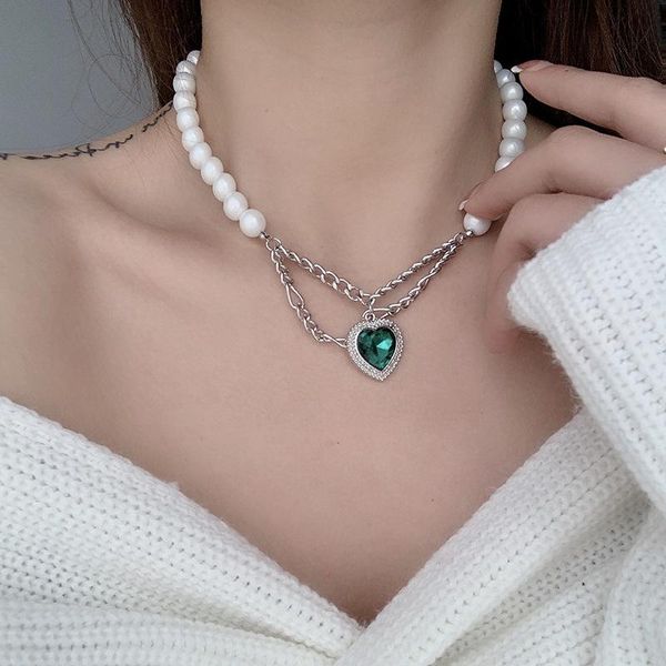

pendant necklaces origin summer fairy pearl green color love heart necklace for women statement rhinestone jewelry accessories, Silver