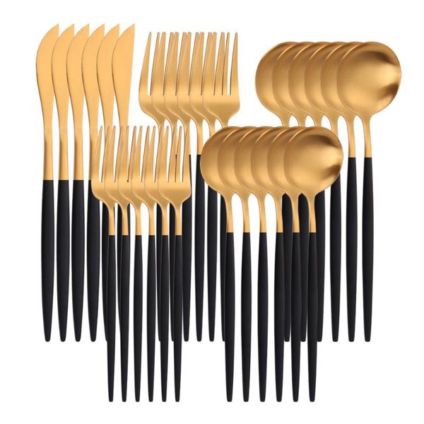 

flatware sets 30 pieces cutlery set fork spoons knives stainless steel tableware zero waste black gold matte dinnerware