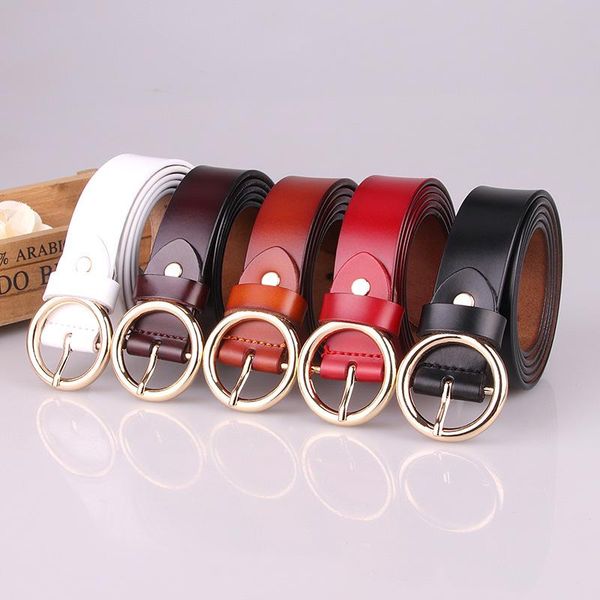 

belts women genuine leather belt alloy round pin buckle for ladies two-layer cowhide pure jeans waistband, Black;brown