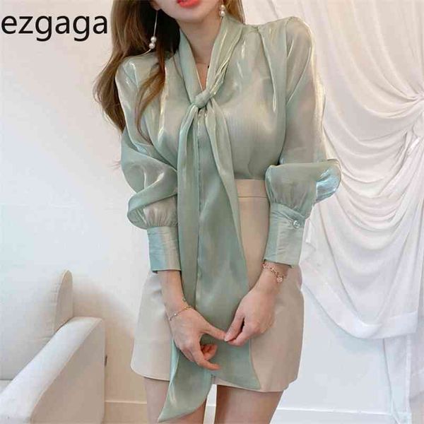 

ezgaga office lady blouse elegant korean chic all-match solid lace up loose thin long sleeve women shirts fashion 210719, White