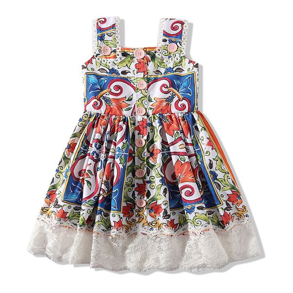 

2021 children's summer girls cute palace printing suspenders dress baby floral clothing runway style wholesale and retail, Red;yellow