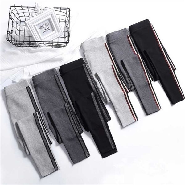 

spring summer cotton leggings women high waist side stripes sporting fitness pants slim quality 211218, Black