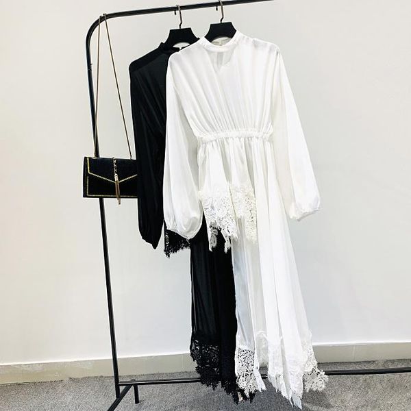 

fall holiday beach shirt white blouse women fashion irregular elastic waist chiffon lace blusas long design women's blouses & shirts