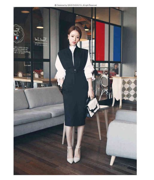 

two piece dress autumn 2 pieces suit women sets full flare sleeve ruffles white blouse high waist slim bodycon pencil midi off