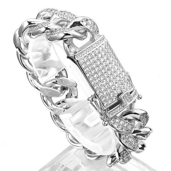 

hip hop bling iced out cuban miami link chain bracelets new fashion aaa cz stone paved charms 18mm curb chains wristband bangle party punk g, Black