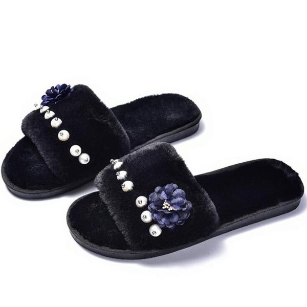 

pearl flower women home slippers warm winter cute indoor house shoes woman soft bottom bedroom ladies flats flip flops b12, Black