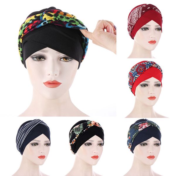 

2021 new stretchy printed head bands bonnet forehead cross turban caps muslim inner hijabs arab head wraps turbans muslim woman, Blue;gray