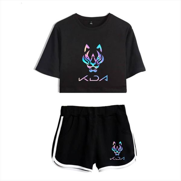 

kda the baddest game two women tracksuits piece sets summer shorts and short sleeve t shirt harajuku casual, Gray