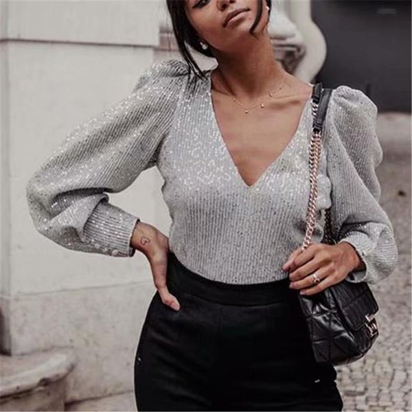 

women's polos party club female shirts blusas mujer chic fashion long sleeve women v-neck sequins shiny blouses, White