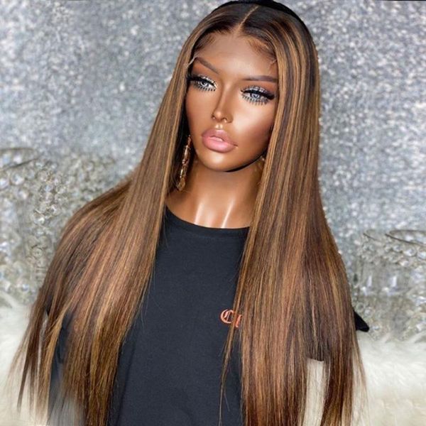 

lace wigs ombre straight wig highlights 150% t part and closure front human hair for women brazilian remy, Black;brown
