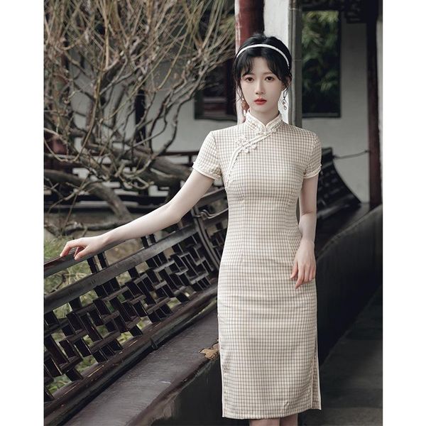 

ethnic clothing qipao mandarin collar chinese traditional lady check vintage button evening party dresses short slim cheongsam vestidos, Red