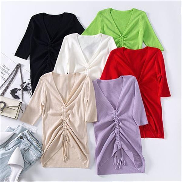 

woman chandails summer womens women sweater v neck drawstring lace up elbow sleeve ice silk t shirt short slim top, White;black