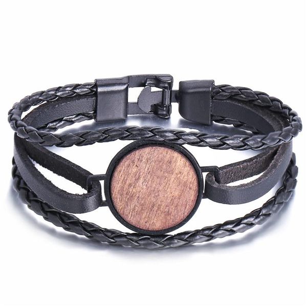 

fashion geometric round square wood leather bracelet for women male charms vintage black bangles jewelry charm bracelets, Golden;silver