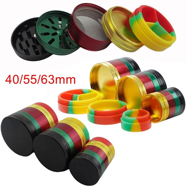 Smerigliatrice per erbe aromatiche multicolore 5 pezzi Alluminio 40mm 55mm 63mm Diametro Smerigliatrice per erbe con contenitore in silicone Smerigliatrici per tabacco GR302