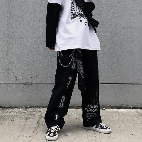 

oversized mall goth grunge women capri aesthetic punk wide leg streetwear graffiti high waist trousers, Black;white