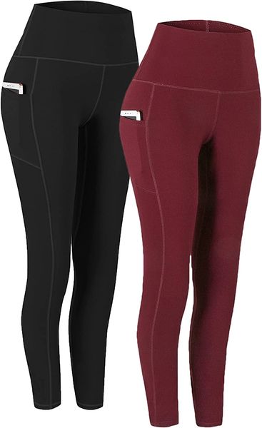 

2 pack high waist yoga pants, pocket tummy control workout running 4 way stretch leggings pants, Black