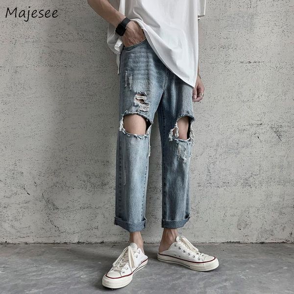 

men's jeans men summer hip hop ripped hole washed streetwear vintage harajuku baggy teenagers trousers trendy loose casual chic, Blue