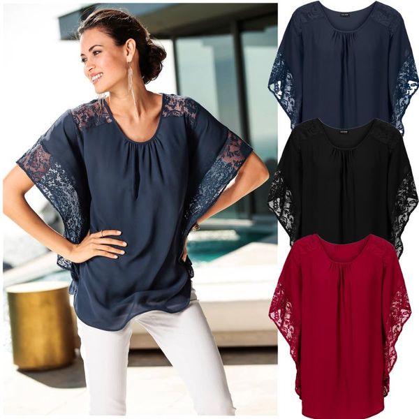 

women's t-shirt 2021 korean lace stitching hollow loose bat sleeve clothing, White