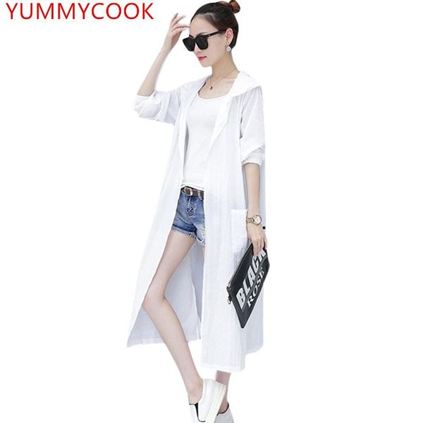 

women's trench coats yummycook 2021 summer thin section hooded embroidery sunscreen cardigan coat female fashion medium long windbreake, Tan;black