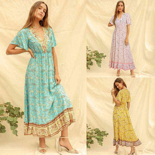 

casual dresses 2022 wi's short sleeve v-neck bohemian floral drs, Black;gray