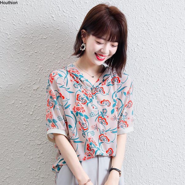 

women's blouses & shirts fashion casual printed blouse silk hooded shirt short sleeve korean summer, White