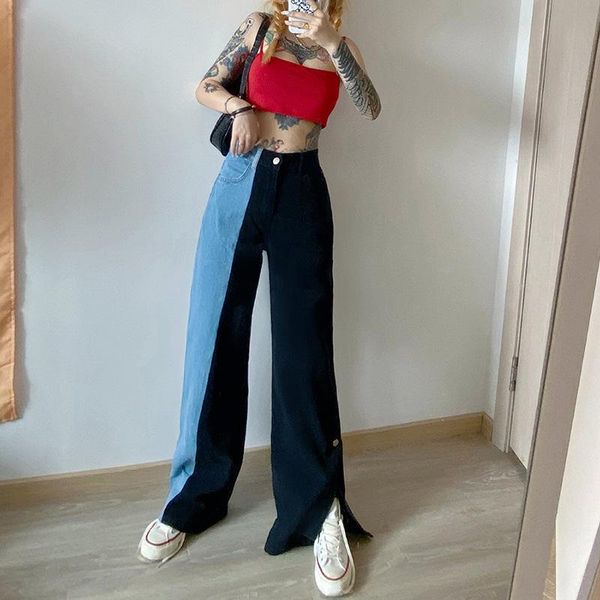 

women's pants & capris wide leg denim women loose casual streetwear color block patchwork trousers fashion side covered button slit, Black;white