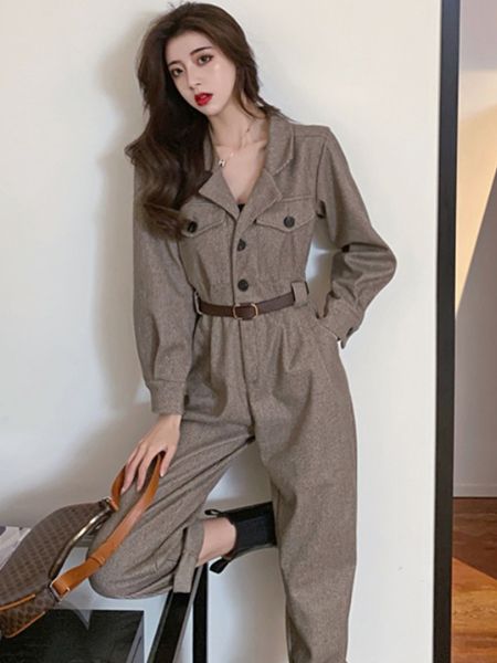 

women's jumpsuits & rompers female jumpsuit autumn with cleavage in her pockets ankle length straight cargo pants high street wear over, Black;white