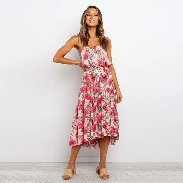 

summer spaghetti strap print dress women sleeveless a-line high wasit mid-calf dress new 210413, Black;gray