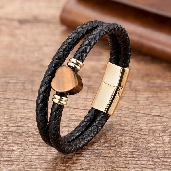 

charm bracelets 2021 heart shape stone beads women bracelet men multilayer leather jewelry stainless steel magnetic clasp bangles, Golden;silver