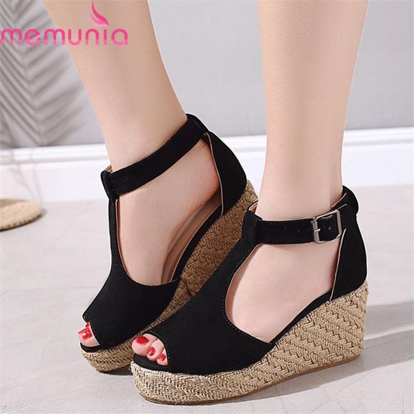 

dress shoes memunia 2021 arrival women sandals flock buckle wedges platform summer leopard classic party prom female, Black