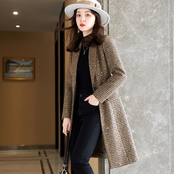 

women's suits & blazers tweed suit winter korean medium long jacket coat collar office work, White;black