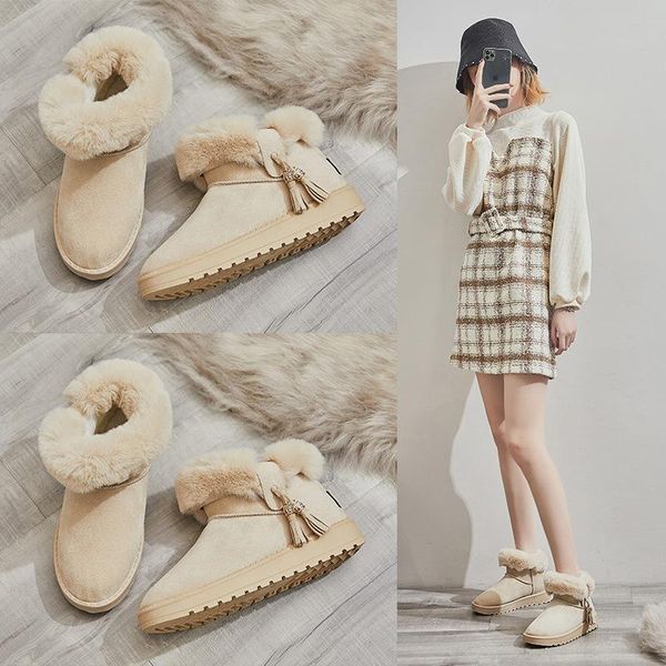 

boots winter woman snow 2021 fashion thickened warm ankle fringed women zapatos de mujer, Black