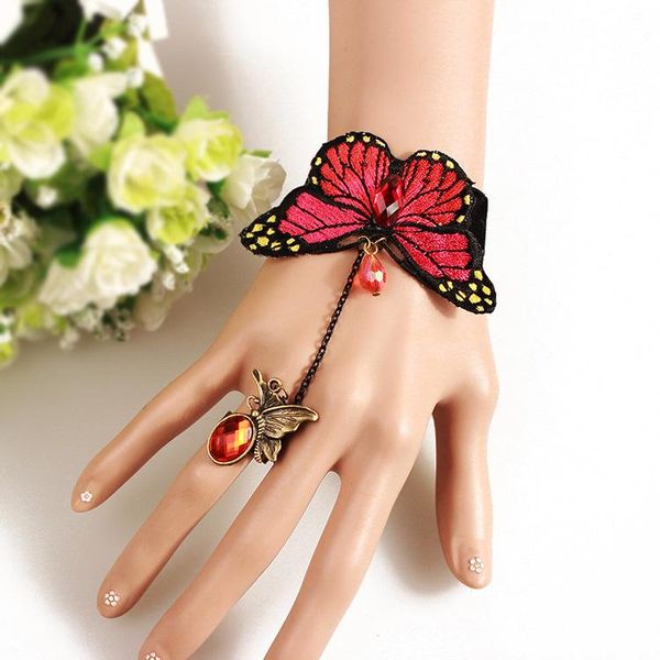 

five fingers gloves red butterfly rhinestone bracelet bangle ring wrist finger connected for steam punk death rock nu goth stage, Blue;gray