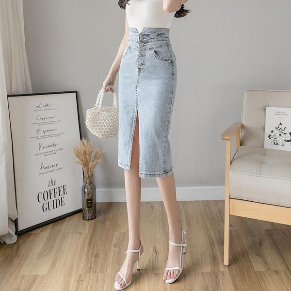 

skirts half length denim skirt women's summer 2021 high waist slim medium hip casual fashion a-line, Black