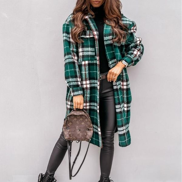 

women's wool & blends woolen coat lattice printing women long sleeve lapel 2021 autumn winter thicken warm fashion casual simplicity we, Black