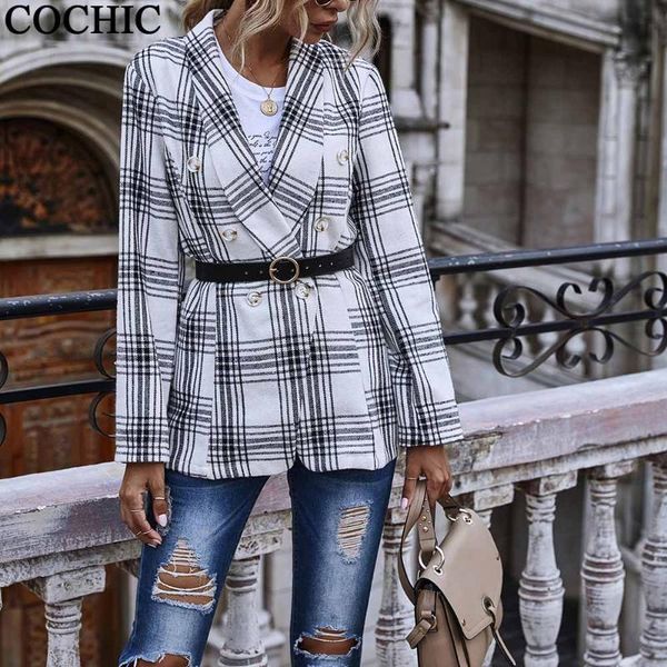 

women's jackets contrast color suit collar plaid women casual lady autumn spring double single fashion black white coat, Black;brown