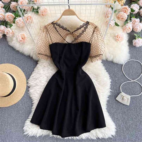 

women's summer fashion v neck wave dot mesh short sleeve sweet black a-line mini dress clothes vestidos s479 210527, Black;gray
