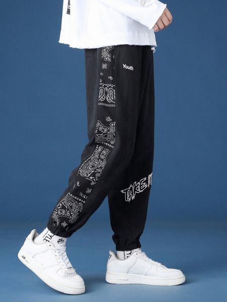 

men paisley & letter print jogger pants o6uo#, Black