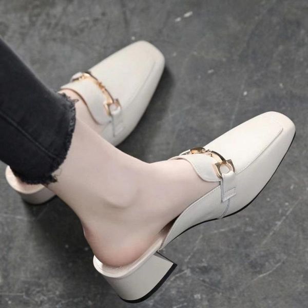 

slippers leather baotou half women spring and summer thick heel sandals fashion all-match, Black